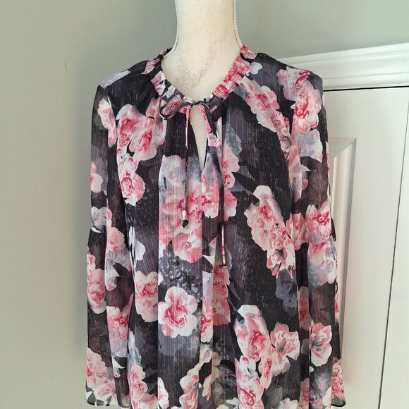 Jennifer Lopez Tops - Jennifer Lopez Floral Metallic Blouse Shirt Top Size XL